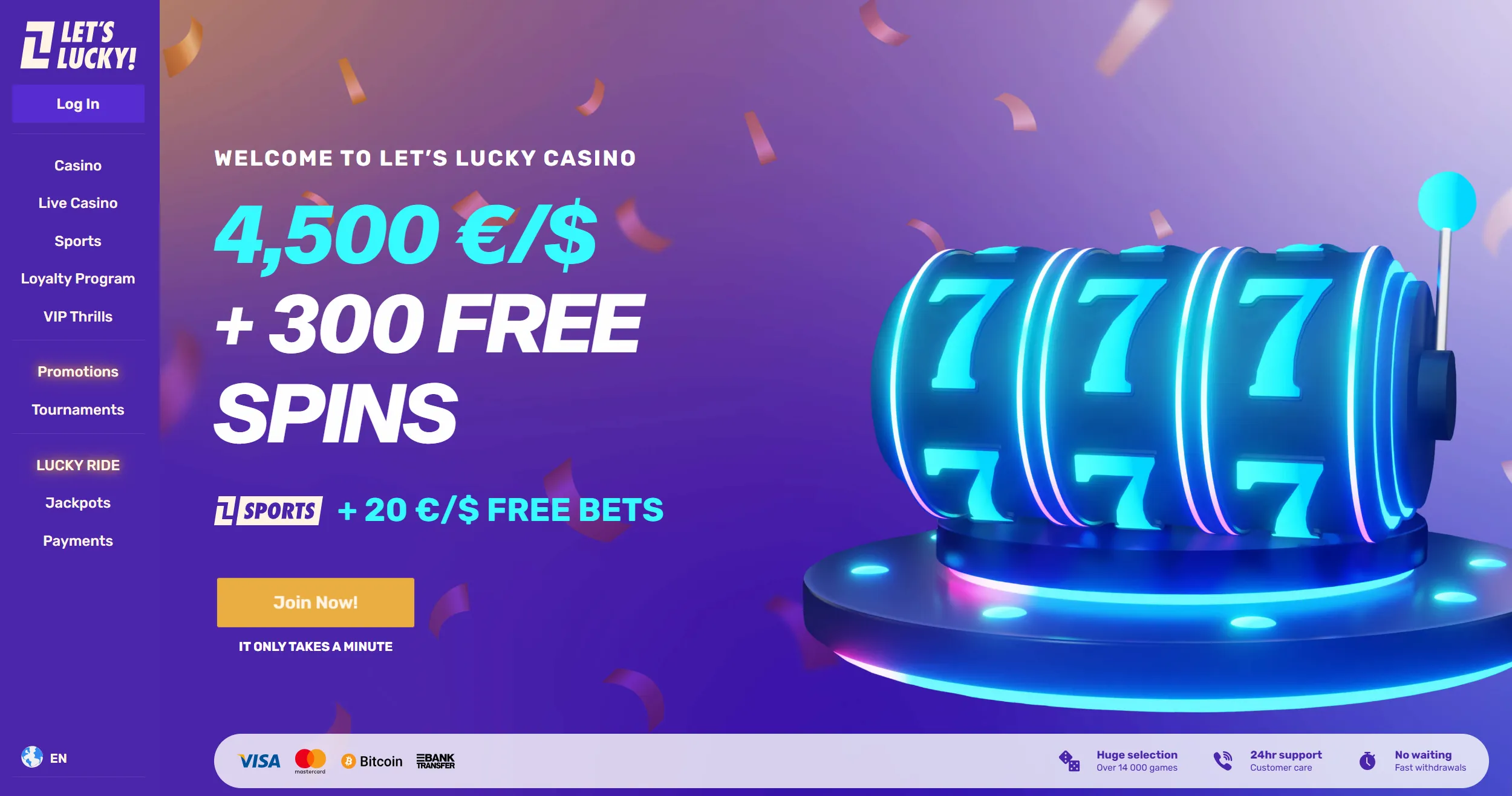 Lets Lucky casino frontpage featuring welcome bonus offer and site navigation